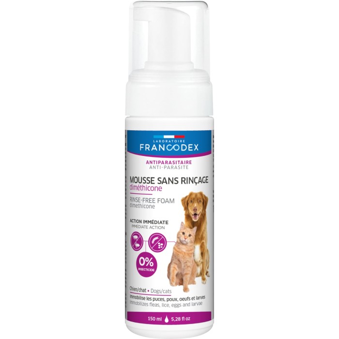 Піна проти бліх та вошей з диметиконом LABORATOIRE FRANCODEX RINSE-FREE DIMETHICONE FOAM, для котів і собак, 150 мл