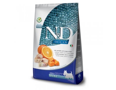 Беззерновий сухий корм Farmina N&D Ocean Adult Mini для дорослих собак дрібних порід, з тріскою, гарбузом та апельсином, (36520) 2.5 кг