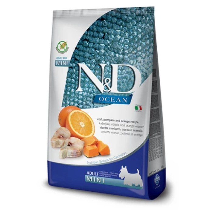 Беззерновий сухий корм Farmina N&D Ocean Adult Mini для дорослих собак дрібних порід, з тріскою, гарбузом та апельсином, (36520) 2.5 кг