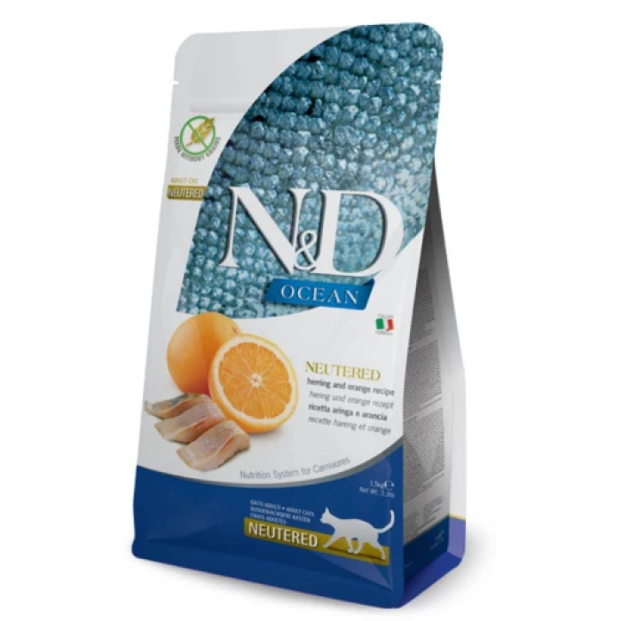 Беззерновий сухий корм Farmina N&D Ocean Herring&Orange Neutered для стерилізованих котів, з оселедцем та апельсином, (40213) 5 кг