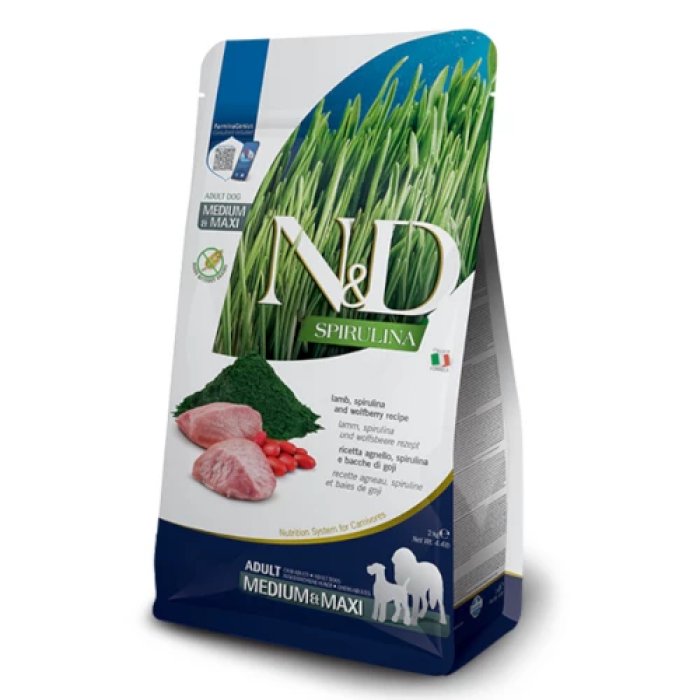 Сухой беззерновой корм Farmina N&D SPIRULINA для взрослых собак средних и больших пород, с ягненком, спирулиной и ягодами годжи, (41074) 2 кг
