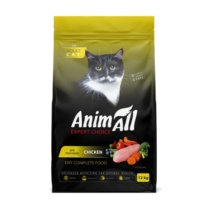 Повнораціонний сухий корм Animall, для котів, зі свіжою куркою, 12 кг