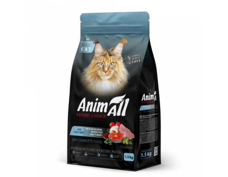 Полнорационный сухой корм Animall, для кошек, с лососем, белой рыбой и свежей индейкой, 1.5 кг
