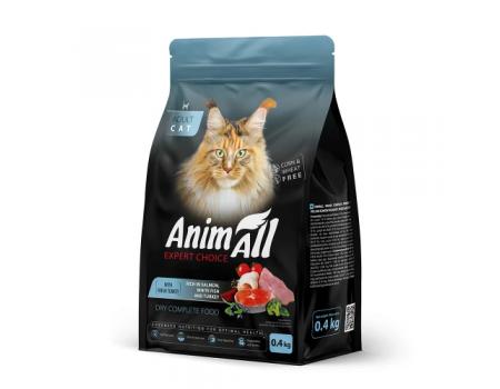 Полнорационный сухой корм Animall, для кошек, с лососем, белой рыбой и свежей индейкой, 0.4 кг