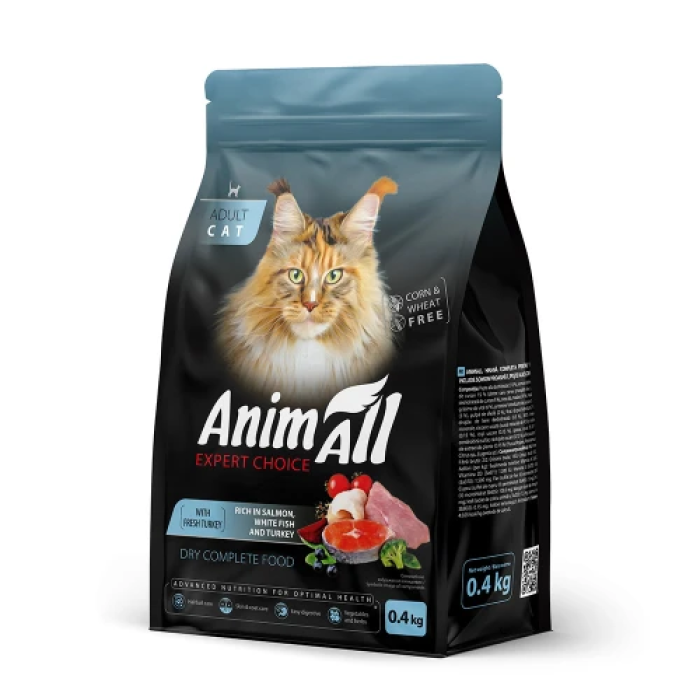 Повнораціонний сухий корм Animall, для котів, з лососем, білою рибою та свіжою індичкою, 0.4 кг
