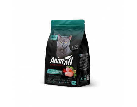 Animall Повнораціонний сухий корм для стерилізованих кішок з куркою та свіжою ягнятиною, 0,4кг