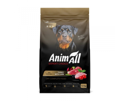 Полнорационный сухой корм Animall, для собак больших пород со свежей индейкой и ягненком, 12 кг