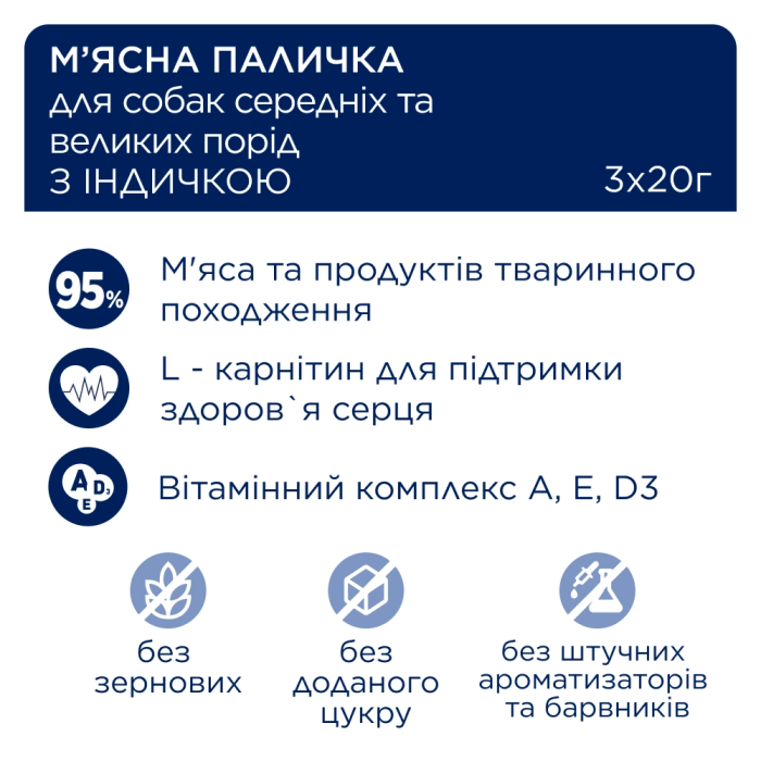 М'ясна паличка Club 4 Paws (Клуб 4 лапи) Premium, для дорослих собак середніх та великих порід, зі смаком індички, 60 г