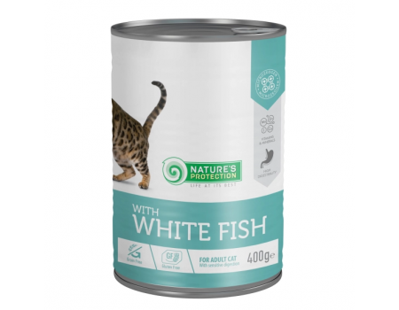 Влажный корм Nature's Protection Sensitive Digestion, для взрослых кошек с чувствительным пищеварением, белая рыба, 400г