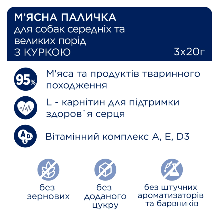 М'ясна паличка Club 4 Paws (Клуб 4 лапи) Premium, для дорослих собак середніх та великих порід, зі смаком курки, 60 г