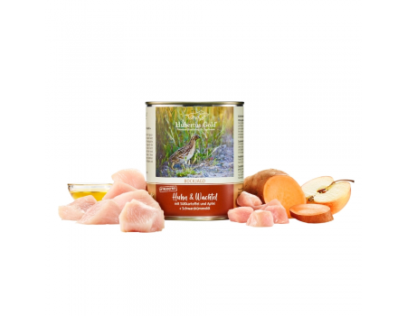 Влажный корм HUBERTUS GOLD Huhn & Wachtel, курица и перепелка с бататом, яблоком и маслом черного тмина, 800 г