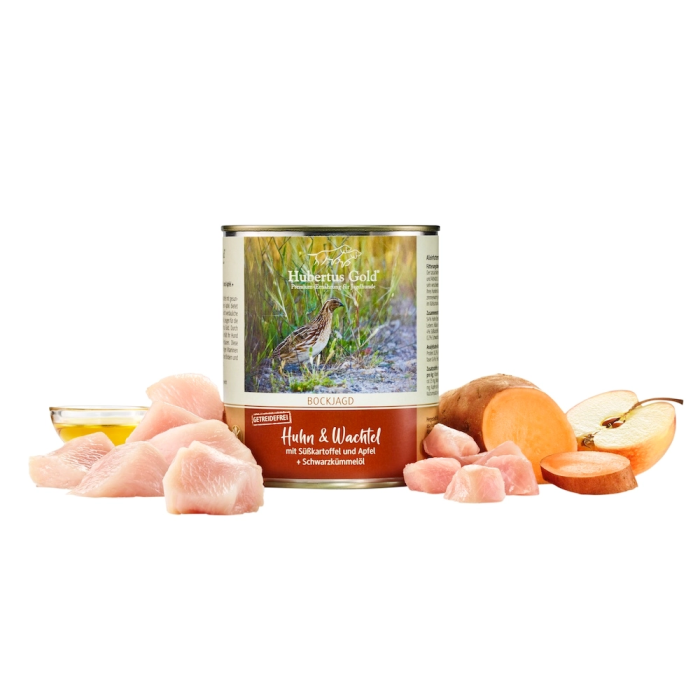 Вологий корм HUBERTUS GOLD Huhn & Wachtel, курка та перепілка з бататом, яблуком та олією чорного кмину, 800 г