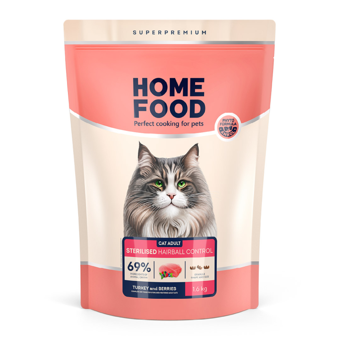 Home Food Корм CAT ADULT Hairball Control для стерилізованих "Індичка та ягоди" (1,6 кг)