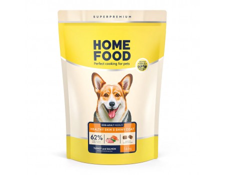 Home Food Корм DOG ADULT MEDIUM Здорова шкіра та блиск шерсті «Індичка та лосось» (1,6 кг)