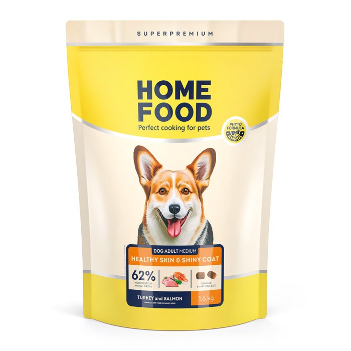 Home Food Корм DOG ADULT MEDIUM Здорова шкіра та блиск шерсті «Індичка та лосось» (1,6 кг)