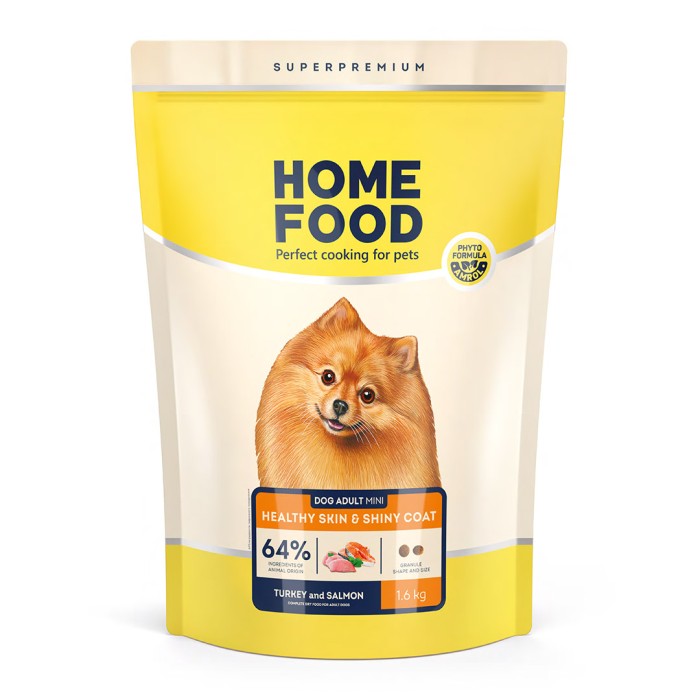 Home Food Корм DOG ADULT MINI Здорова шкіра та блиск шерсті «Індичка та лосось» (1,6 кг)