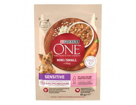 Влажный корм PURINA ONE Mini/Small Sensitive для взрослых собак мелких пород с чувствительным пищеварением, с лососем, рисом и морковью, 85 г