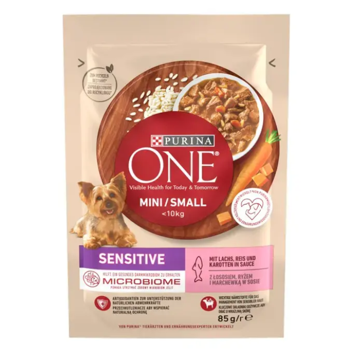 Вологий корм PURINA ONE Mini/Small Sensitive для дорослих собак дрібних порід з чутливим травленням, з лососем, рисом та морквою, 85 г