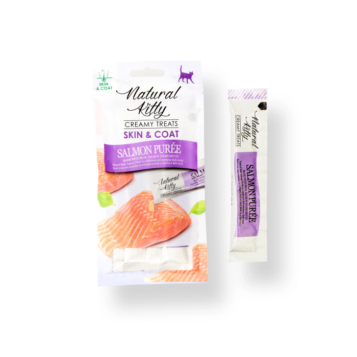 Крем-снек Natural Kitty Treat Salmon Puree, пюре из лосося, кожа и шерсть, 4х12 г