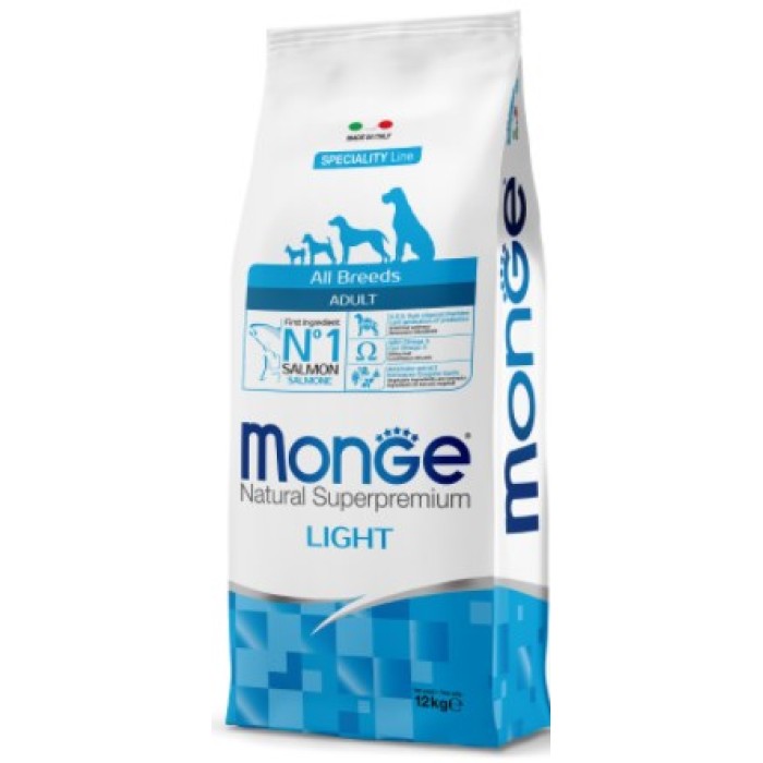 MONGE SPECIALITY LINE All breeds Light лосось с рисом  для взрослых собак всех  пород с особыми потребностями  склонных к набору избыточного веса, 15 кг
