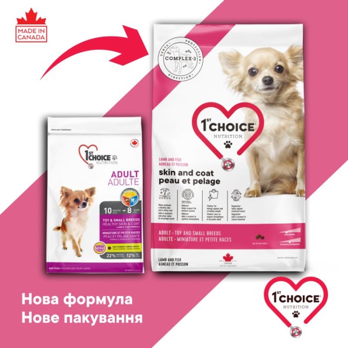 Сухий корм 1st Choice Toy and Small Skin and Coat, для собак міні та малих порід, ягня і риба, 2 кг