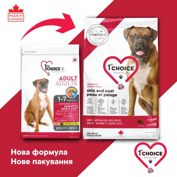 Сухой корм 1st Choice Adult Skin and Coat, для собак средних и крупных пород, ягненок и рыба, 11 кг