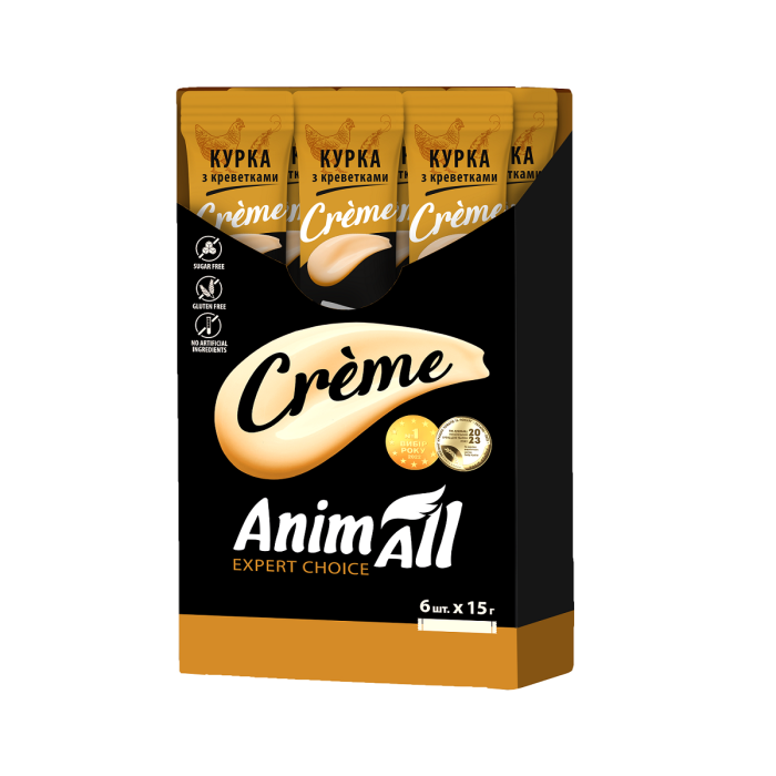 Ласощі для котів AnimAll Crème, зі смаком курки з креветками, 15 г х 6 шт