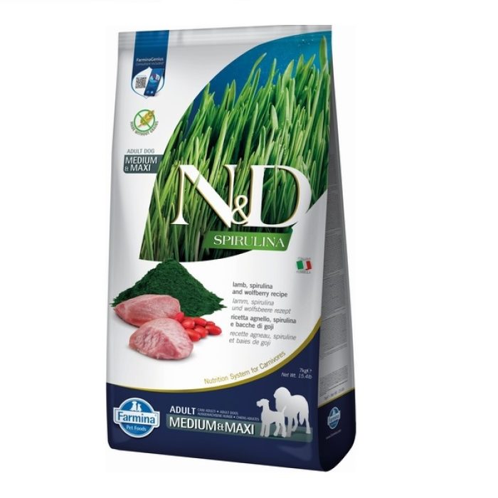 Сухой беззерновой корм Farmina N&D SPIRULINA для взрослых собак средних и больших пород, с ягненком, спирулиной и ягодами годжи, (41081) 7 кг