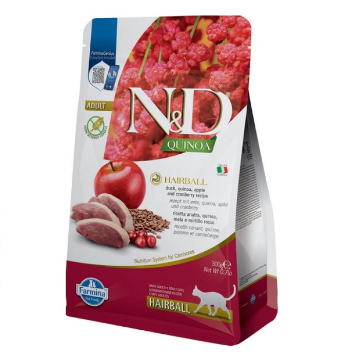 Сухий беззерновий корм Farmina N&D Quinoa Hairball ADULT для котів, для виведення шерсті, з качкою, кіноа, яблуко та журавлина, (41555) 300 г
