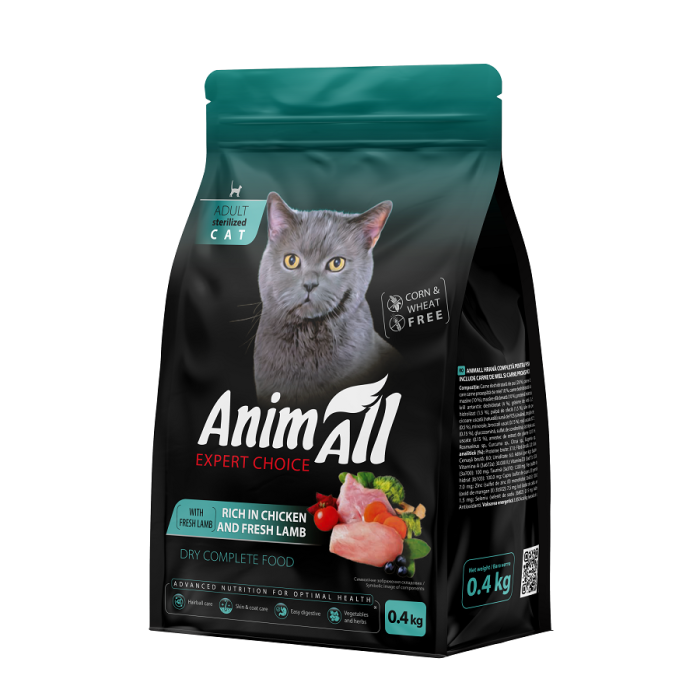 Animall Повнораціонний сухий корм для стерилізованих кішок з куркою та свіжою ягнятиною, 0,4кг