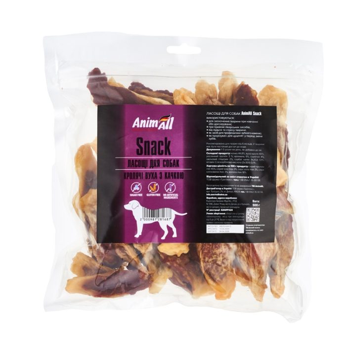 Лакомство AnimAll Snack кроличьи уши с мясом утки для собак 500 г
