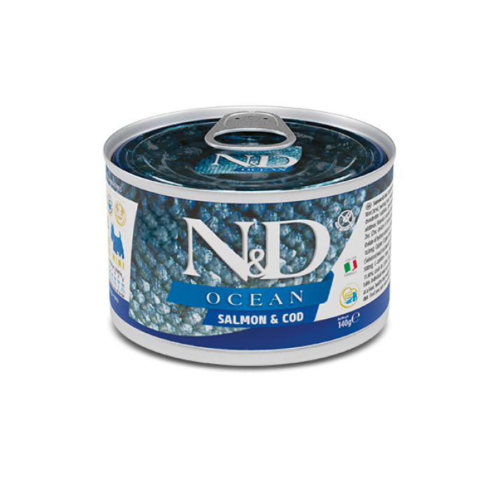 Вологий корм Farmina N&D Grain Free OCEAN SALMON & COD ADULT MINI, для собак дрібних порід, з лососем та тріскою, (02222) 140 г