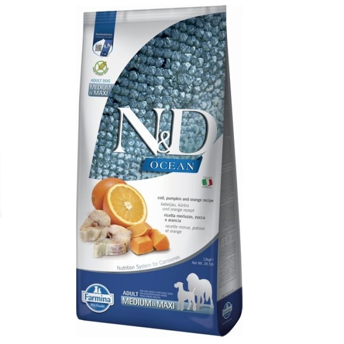 Беззерновий сухий корм Farmina N&D Grain Free OCEAN , для собак середніх та великих порід, тріска та апельсин, (36568) 12 кг