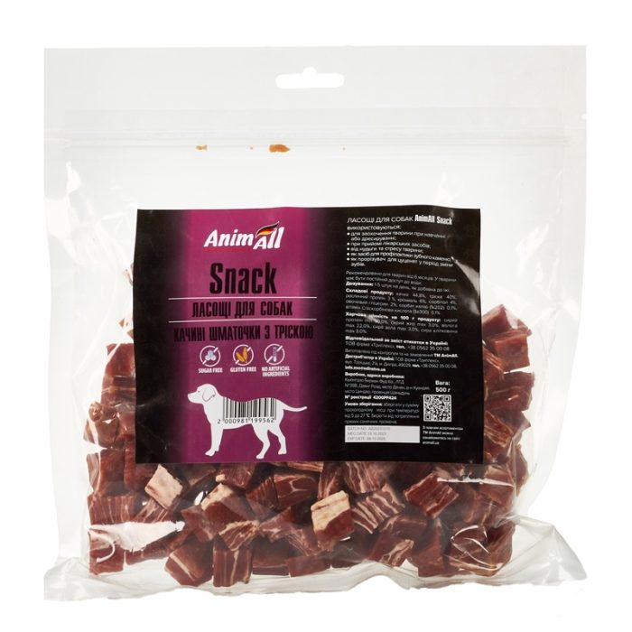 Ласощі AnimAll Snack качині шматочки з тріскою для собак 500 г, 99562