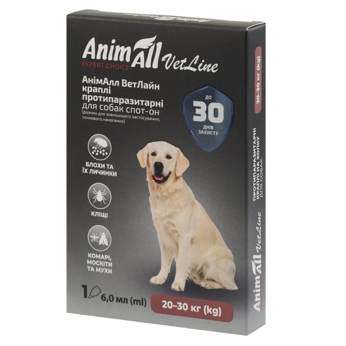 Капли AnimAll VetLine Spot-On от блох и клещей для собак (20-30 кг), 6 мл