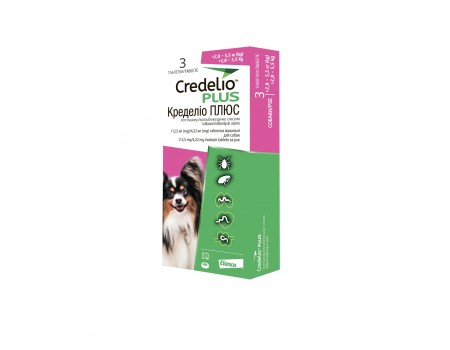 Credelio Plus  протипаразитарні жувальні таблетки Кределіо Плюс від бліх, кліщів та гельмінтів для собак від 2,8кг  до 5,5кг  упаковка (3шт)