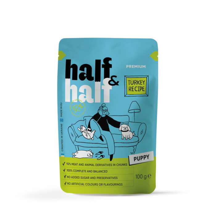 Набір вологих кормів Half&Half "5+1" для цуценят, шматочки з індичкою в соусі, паучі, 6 шт*100 г