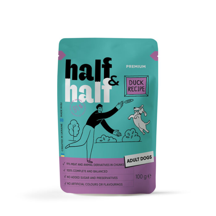 Набір вологих кормів Half&Half "5+1" для дорослих собак, шматочки з качкою в соусі, паучі, 6 шт*100 