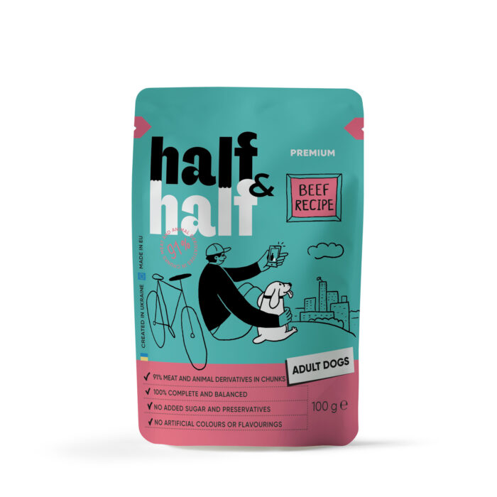 Набор влажных кормов Half&Half "5+1" для взрослых собак, кусочки с говядиной в соусе, паучи, 6 шт*100 г