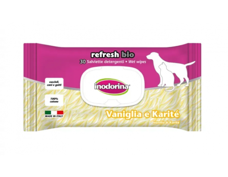 Inodorina Refresh Bio Vaniglia e Karite - Вологі біорозкладні серветки для всіх типів шерсті котів та собак, з ароматом ванілі та каріте, 30 шт
