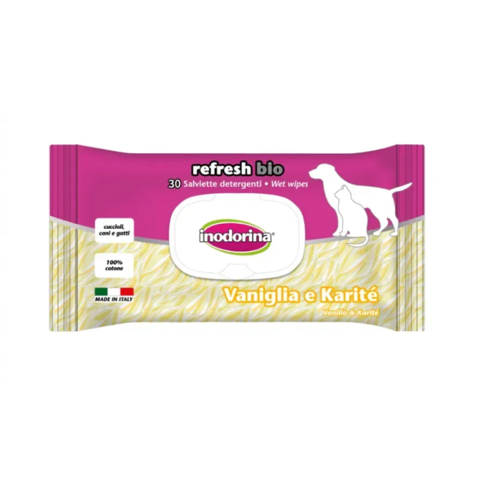 Inodorina Refresh Bio Vaniglia e Karite - Вологі біорозкладні серветки для всіх типів шерсті котів та собак, з ароматом ванілі та каріте, 30 шт