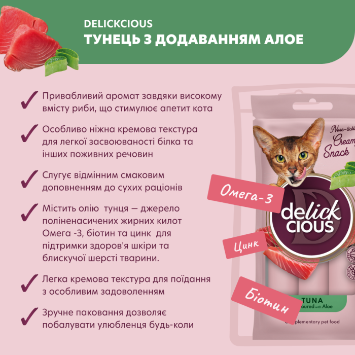 Дополнительный корм для кошек DELICKCIOUS, кремовое лакомство, тунец с добавлением алоэ, 4х15 г