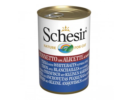 Schesir Tuna with Whitebaits ШЕЗІР ТУНЕЦЬ З АНЧОУСАМИ в бульйоні натуральні консерви для котів, 140г