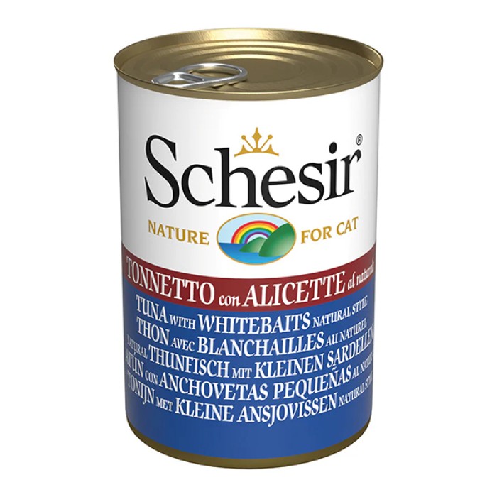 Schesir Tuna with Whitebaits ШЕЗИР ТУНЕЦ С АНЧОУСАМИ в бульоне, натуральные консервы для кошек, 140г