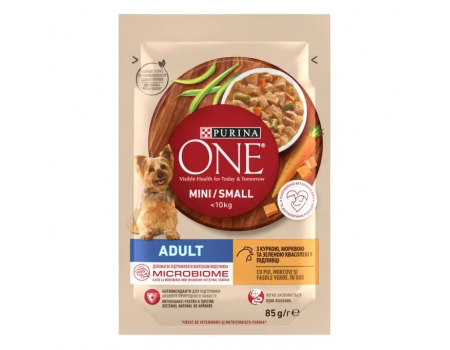 Влажный корм PURINA ONE Mini/Small для взрослых собак мелких пород, с курицей, морковью, зеленой фасолью, 85 г