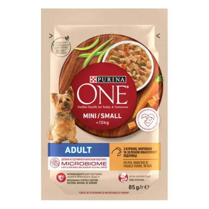 Вологий корм PURINA ONE Mini/Small для дорослих собак дрібних порід, з куркою, морквою, зеленою квасолею, 85 г