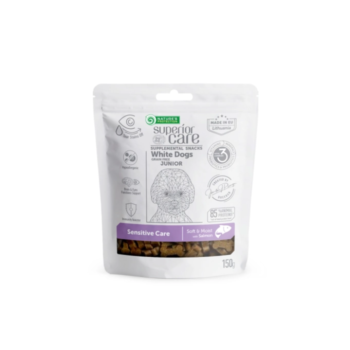 Беззернові ласощі Nature's Protection SC White Dogs Sensitive Care Junior для чутливого догляду юних собак з білою шерстю, з лососем, 150 г