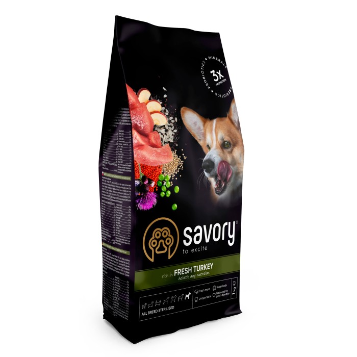 Сухой корм Savory All Breed Sterilised rich in Fresh Turkey со свежим мясом индейки для стерилизованных собак , 1 кг