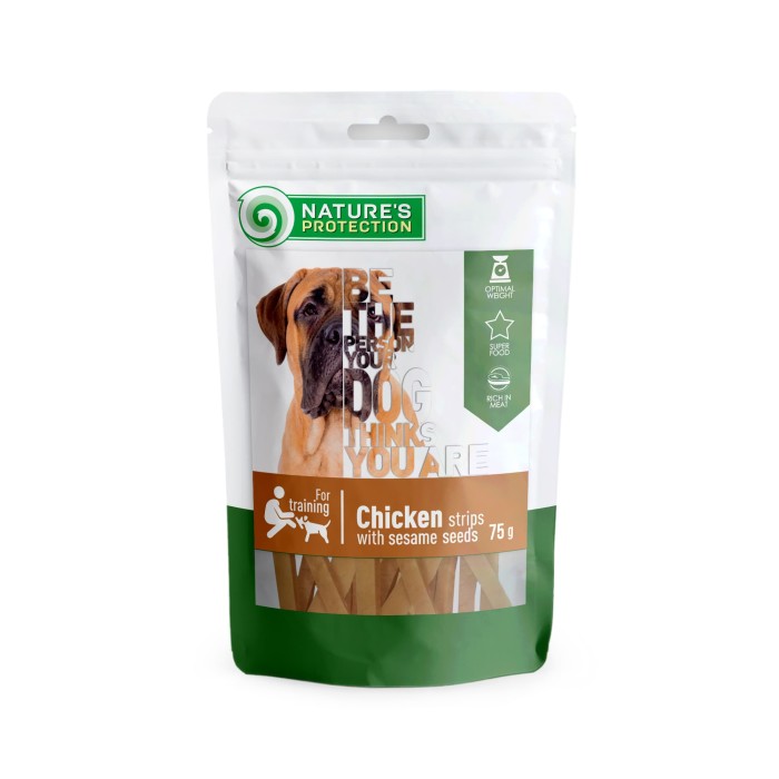 Беззернові ласощі для собак Nature's Protection SNACKS FOR DOGS, CHICKEN STRIPS WITH SESAME, курка з кунжутом, 75 г