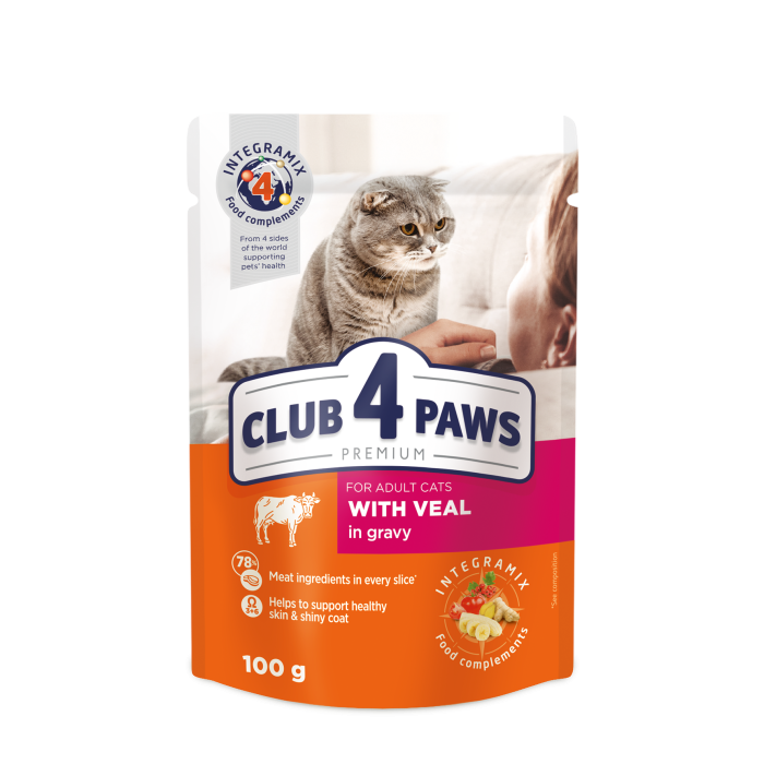 Вологий корм Club 4 Paws (Клуб 4 лапи) Premium, для дорослих котів, з телятиною в соусі, 100 г